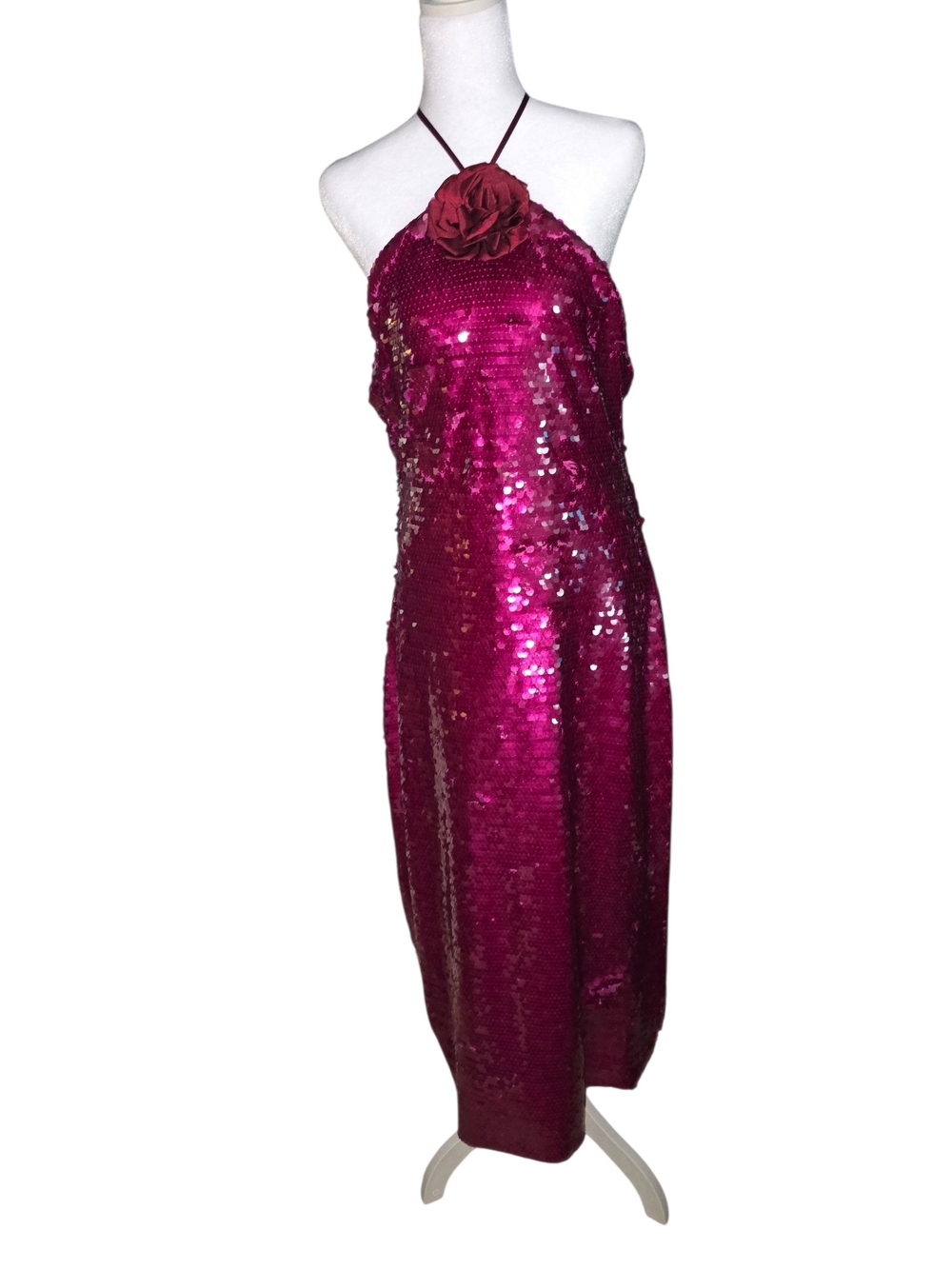FORE Sequin Halter Midi Dress with Rosette - Magenta